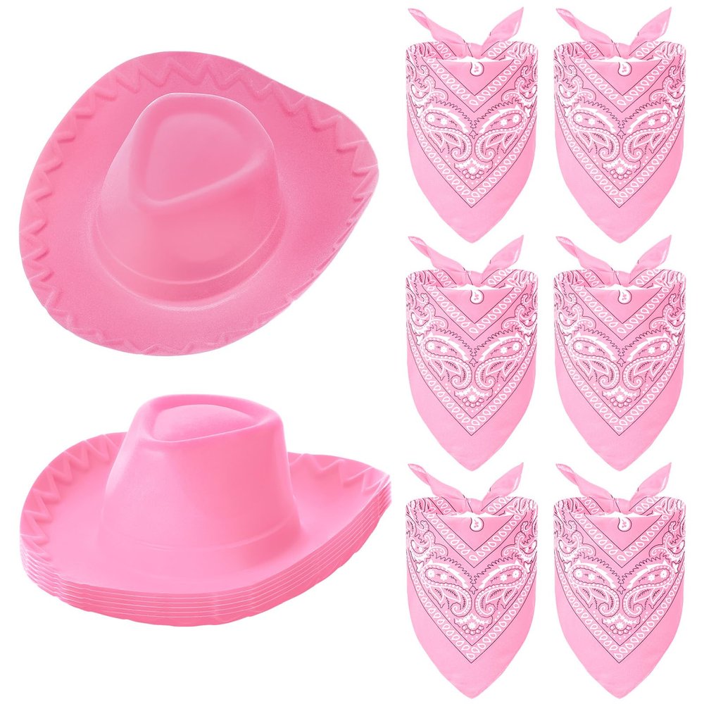 Hillban 12 Pack Cowboy Hat and Bandana, Cowgirl Hats Felt Cowboy Party Hats Bulk Western Bandanas for Party Costume(Pink)