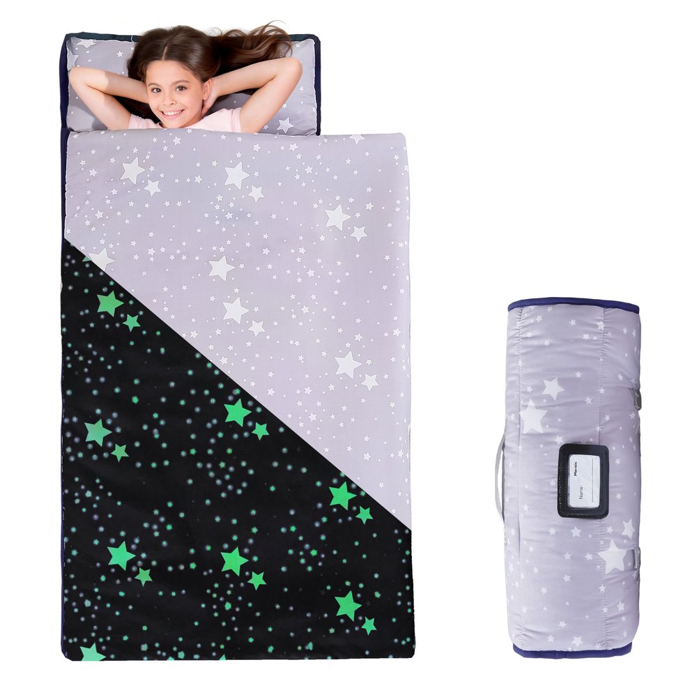 MORAIS Toddler Nap Mat with Removable Pillow and Blanket, Glow in The Dark 52" x 20" Lightweight and Soft Nap Mat for Preschool, Daycare (Star)