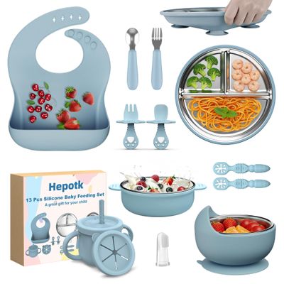 13 Pack Silicone Baby Feeding Set, BPA-Free Stainless Steel Toddler Feeding Supplies, Include Suction Plates, Baby Bowls, Silicone Fork & Spoon, and More, First Stage Baby Dish Set - 6+ Months