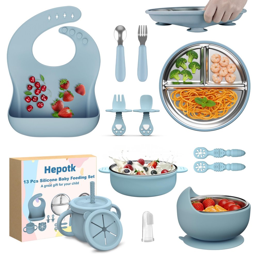 13 Pack Silicone Baby Feeding Set, BPA-Free Stainless Steel Toddler Feeding Supplies, Include Suction Plates, Baby Bowls, Silicone Fork & Spoon, and More, First Stage Baby Dish Set - 6+ Months