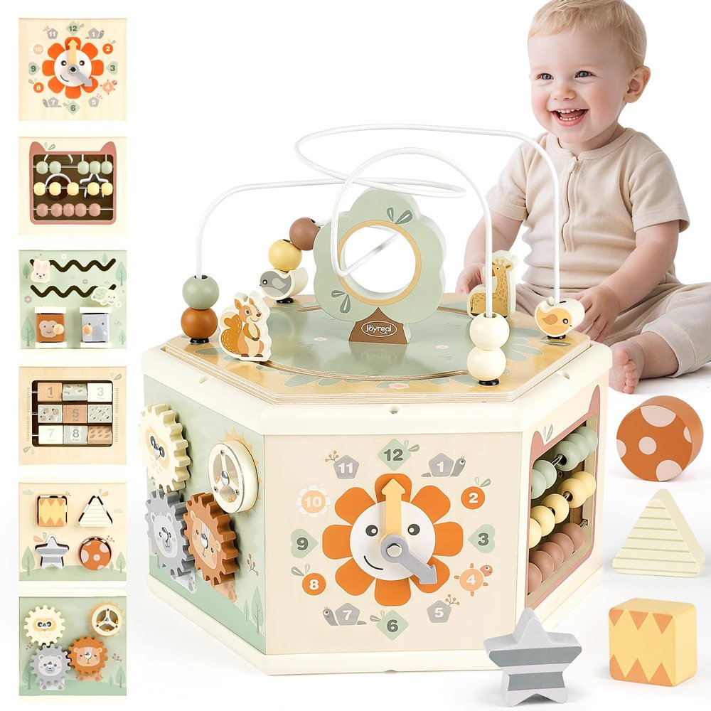 Joyreal Wooden Activity Cube - 11-in-1 Montessori Toys for 1+ Year Old Boys & Girls, Early Developmental Learning Toys for Toddlers and Kids, Ideal 1st Birthday Gift Toys for Baby(Animal Theme)