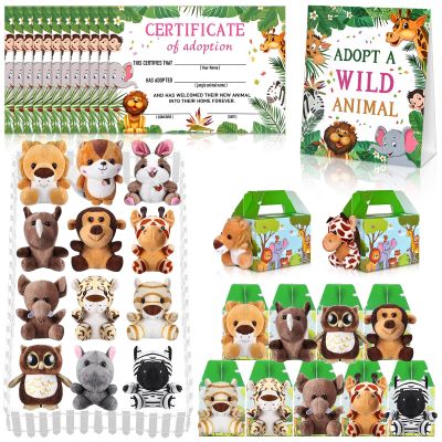 38 Pcs Safari Jungle Party Favors Include 12 Foldable Paper Boxes 12 Forest Mini Stuffed Animals 12 Adoption Cards 1 Adoption Signs 1 Fence for Jungle Party Supplies Adopt a Jungle Animal Favors