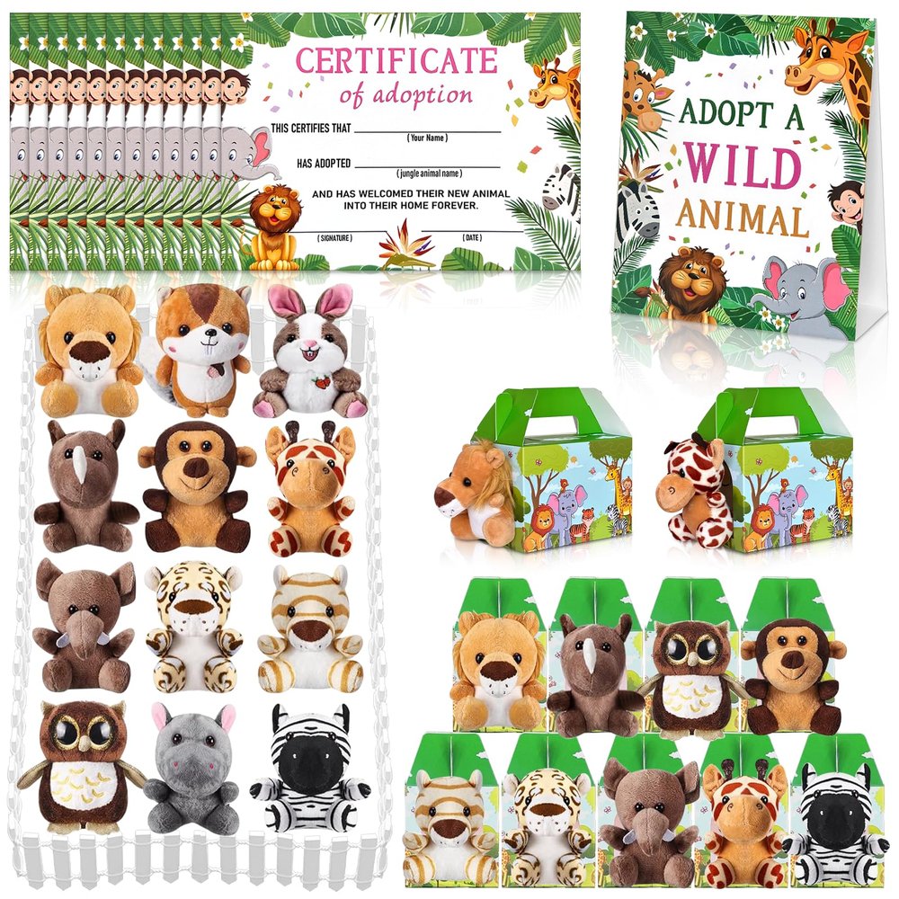 38 Pcs Safari Jungle Party Favors Include 12 Foldable Paper Boxes 12 Forest Mini Stuffed Animals 12 Adoption Cards 1 Adoption Signs 1 Fence for Jungle Party Supplies Adopt a Jungle Animal Favors