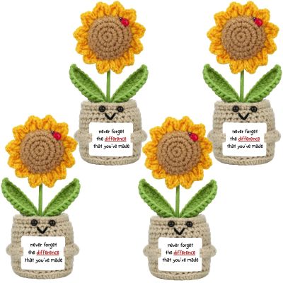 4 Pcs Positive Sunflower Gifts for Women, Mini Emotional Support Crochet Plush, Teacher Employee Appreciation Gift in Bulk, Farewell Retirement Present for Coworker Friends