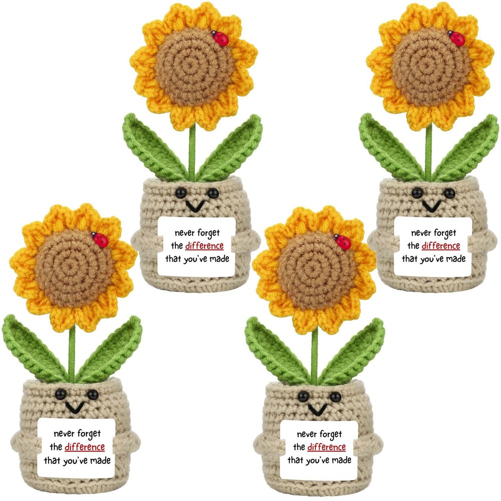 4 Pcs Positive Sunflower Gifts for Women, Mini Emotional Support Crochet Plush, Teacher Employee Appreciation Gift in Bulk, Farewell Retirement Present for Coworker Friends