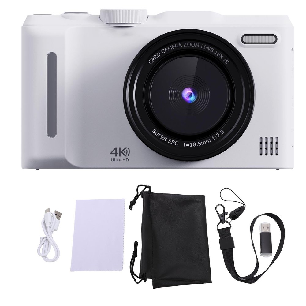 4K Digital Camera, 48MP Autofocus Compact Portable Video Recorder Vlog Camera with 3 Inch 180 Flip Screen, 18X Zoom Flash Anti Shake, for Kids Boys Girls (White)