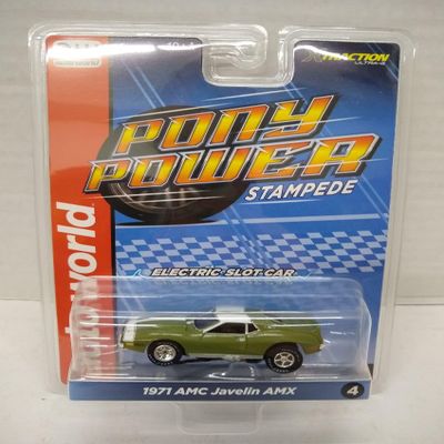 Auto World SC410-4A 1971 Javelin AMX HO Scale Electric Slot Car - Olive Green with White