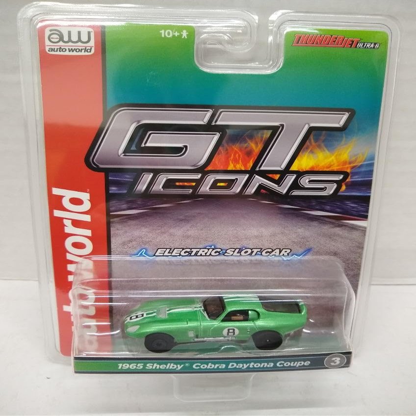 Auto World SC415-3B 1965 Cobra Daytona Coupe HO Scale Electric Slot Car - #8 Metallic Green with White Stripes