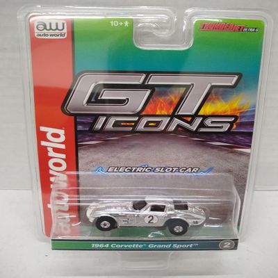 Auto World SC415-2B 1964 Corvette Grand Sport HO Scale Electric Slot Car - #2 Chrome with White