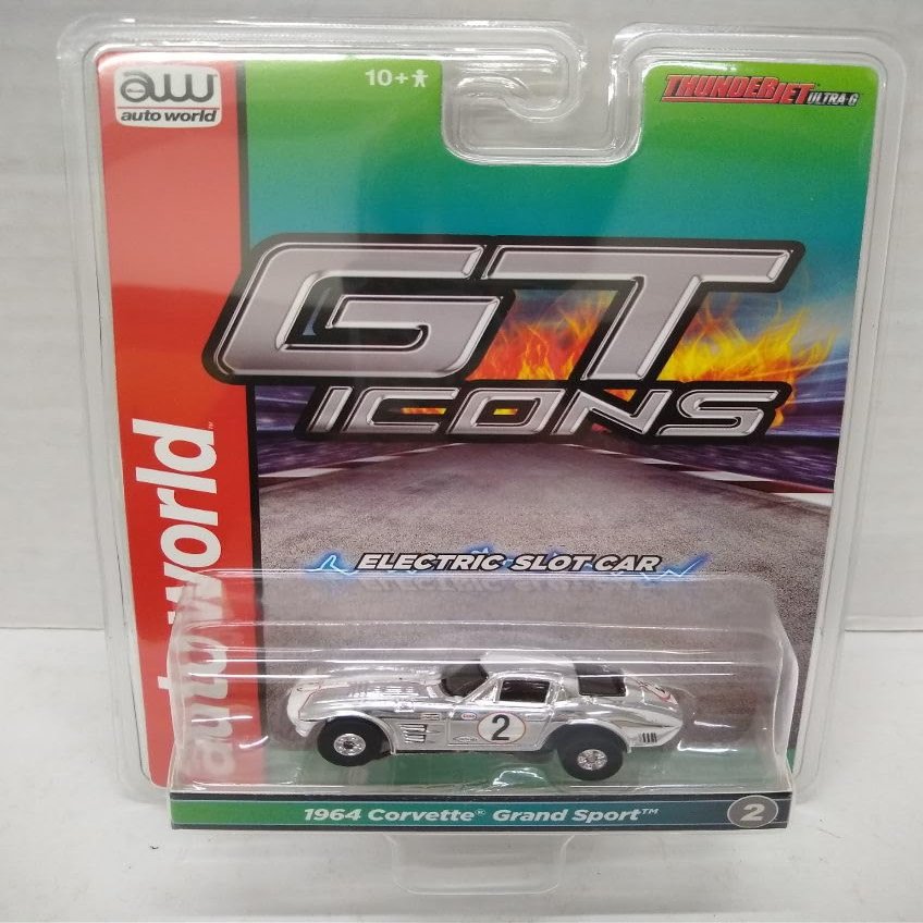 Auto World SC415-2B 1964 Corvette Grand Sport HO Scale Electric Slot Car - #2 Chrome with White