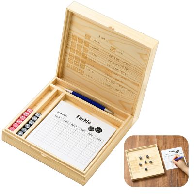 8.66 Inch Farkle Wooden Dice Tray and Storage Case with Lid Printed Rules Classic Board Game Set Includes 2 Sets of 6 Pearl Dice, 50 Scoreboard and Pen 1 Pen for Classic Family Game Wood Color