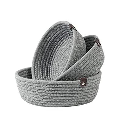 100% Natural Jute mini rope paper storage Round hamper nursery Basket for Living Kitchen, Office, Drawing Room, kitchen, office (GREY SET OF 3)