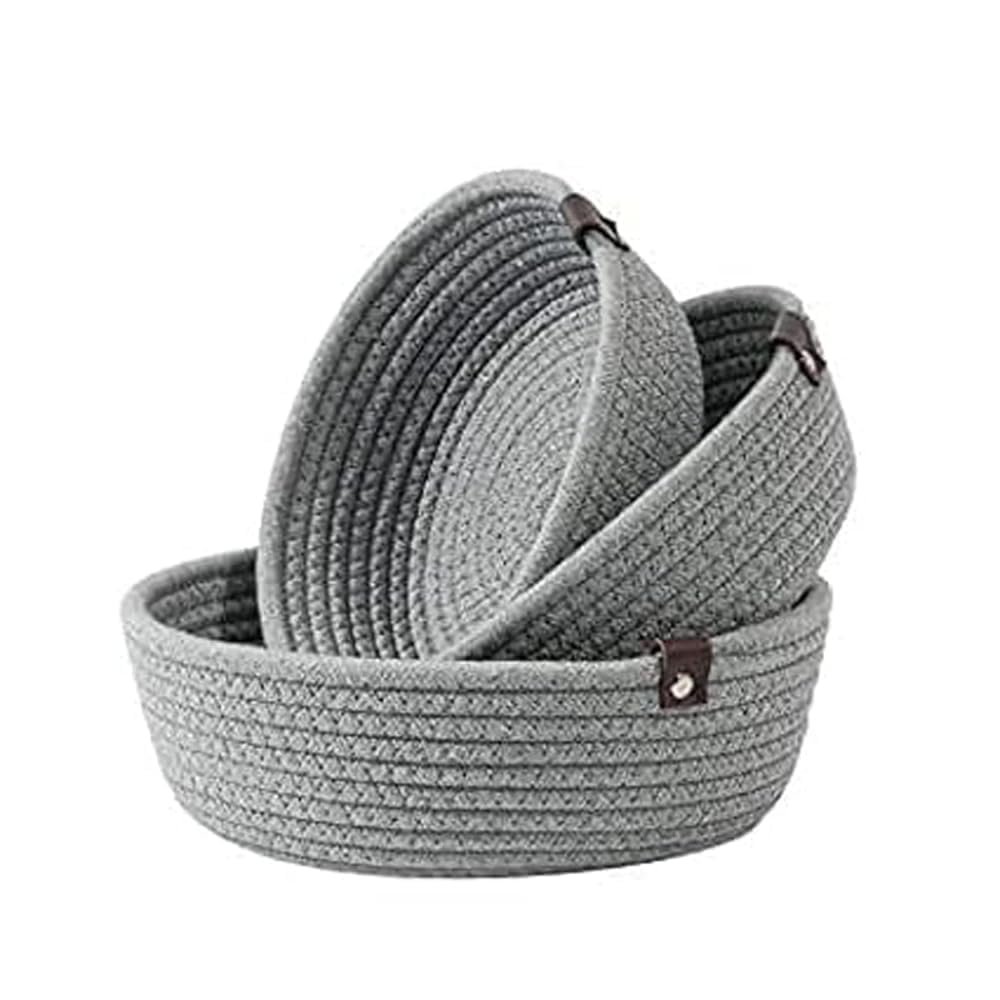 100% Natural Jute mini rope paper storage Round hamper nursery Basket for Living Kitchen, Office, Drawing Room, kitchen, office (GREY SET OF 3)