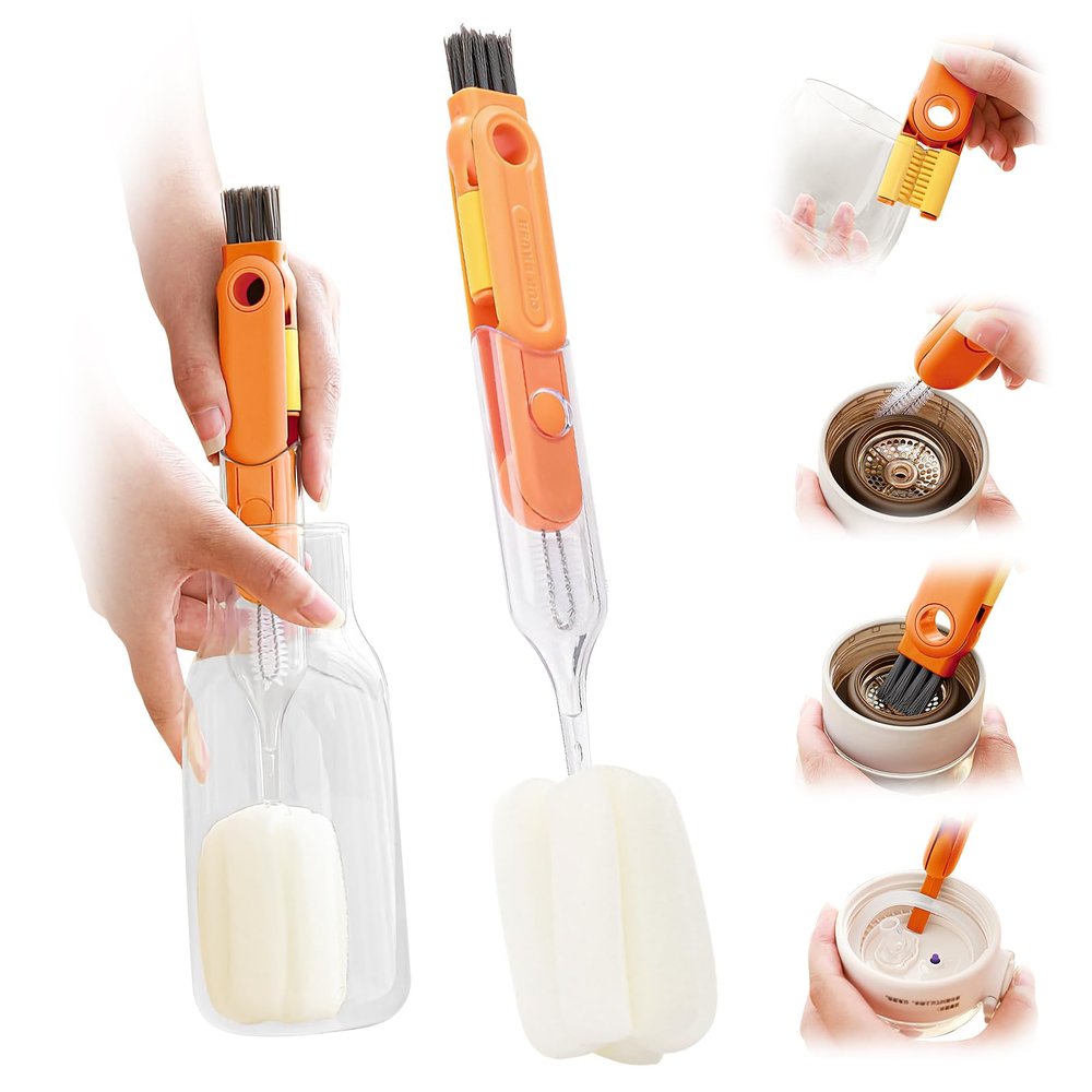 12.6" Long Handle 5-in-1 Cup Lid Cleaning BrushLid Cleaning Brush ToolWater Bottle Deep Clean Tool (Orange)