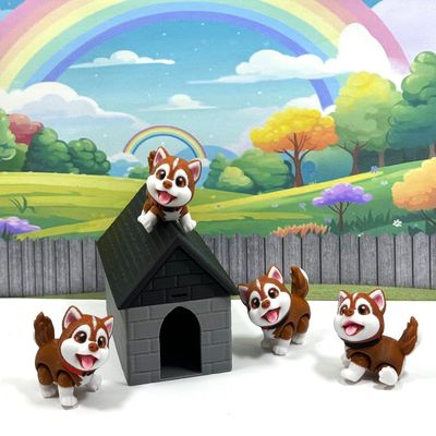 4pcs Cute 3D Printed Baby Husky Chibi Edition Dog with Dog House, Articulated Baby Husky Toy, Posable and Movable Head and Joints Animal, Fidget ADHD Autism Toy CH001-BRN-GH