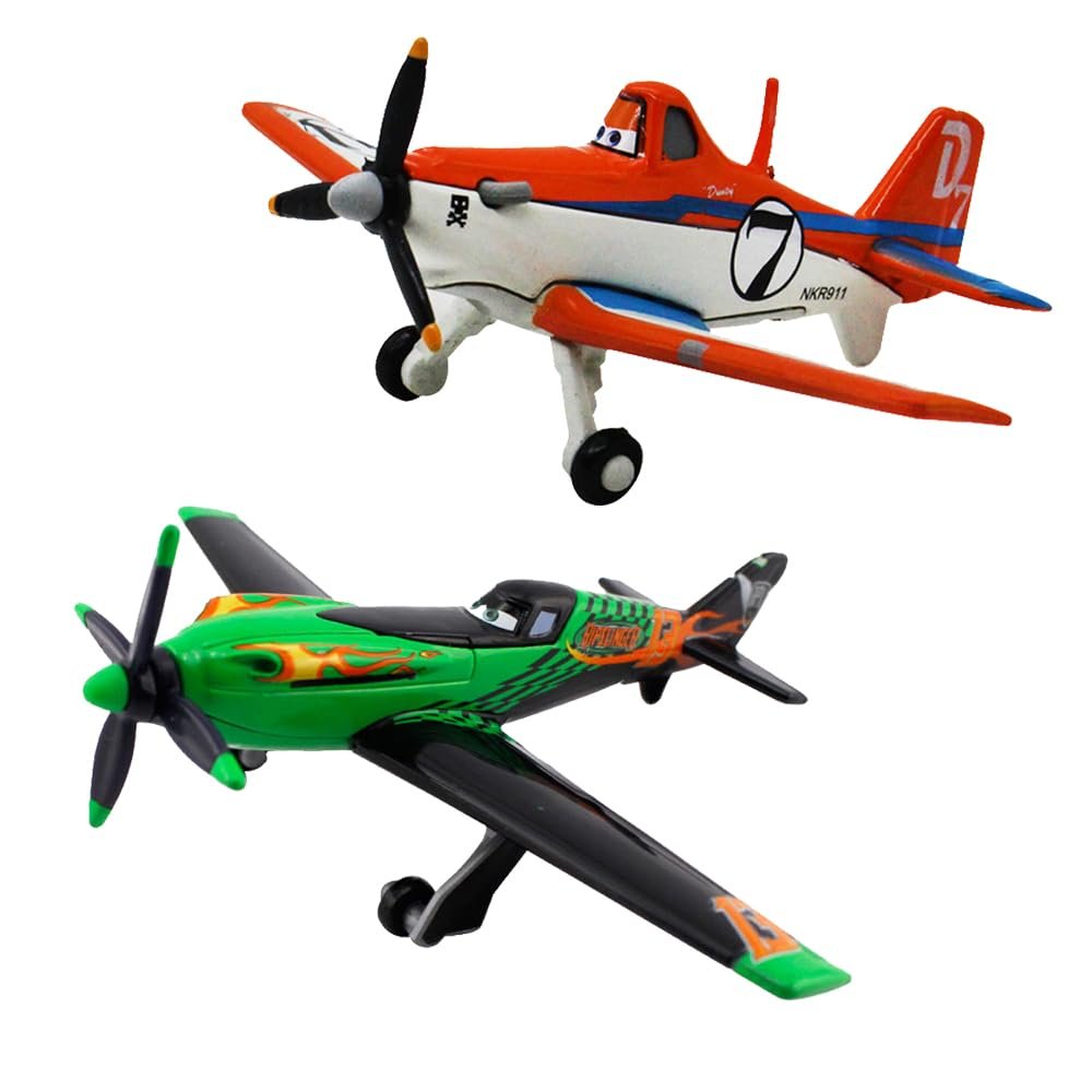 2 Pack Movie Planes No. 7 Dusty and No. 13 Ripslinger Metal Diecast Airplane Toy, Children Birthday Toys Gift (Dusty Ripslinger)