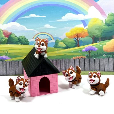 4pcs Cute 3D Printed Baby Husky Chibi Edition, 3D Printred Dog House, Articulated Baby Husky Toy, Posable and Movable Head and Joints Animal, Fidget ADHD Autism Toy CH001-BRN-PH