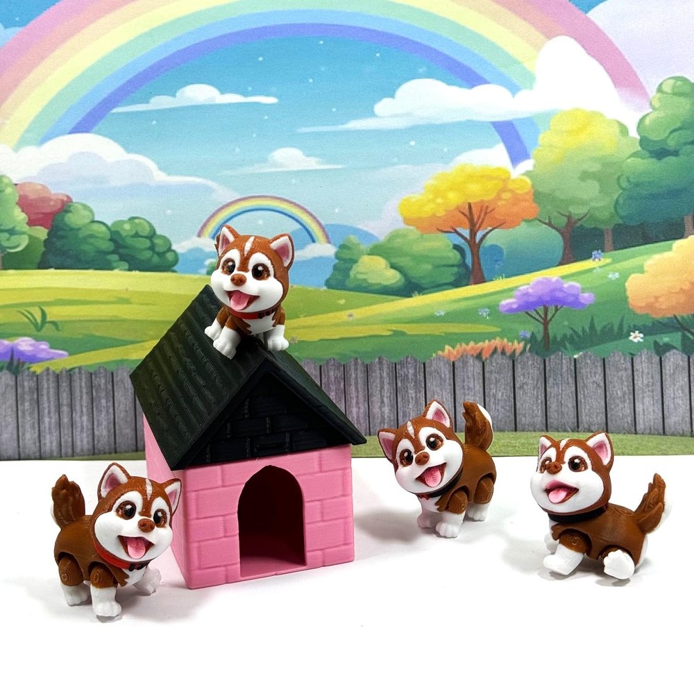 4pcs Cute 3D Printed Baby Husky Chibi Edition, 3D Printred Dog House, Articulated Baby Husky Toy, Posable and Movable Head and Joints Animal, Fidget ADHD Autism Toy CH001-BRN-PH