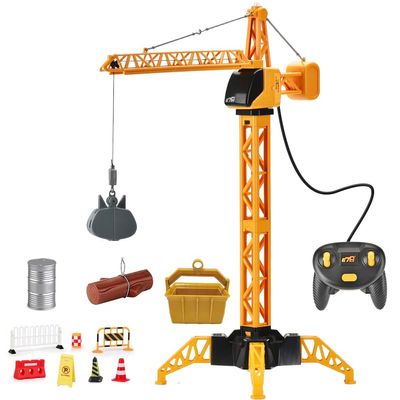 28-Inch RC Construction Tower Crane Toy for Kids, 4 Channel Remote Control Crane Toy with LED Light, Grabber, Log, Lifting Basket, 360 swivel, STEM Educational Learning Toys for Boys Ages 3 and Up