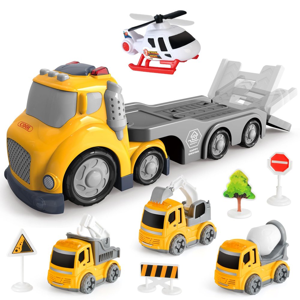 IJIGU Truck Toys for Toddler 1, 2, 3, 4 Year Old Boy, Construction Transport Trucks Toy Set, Ideal Christmas Birthday Gifts for Kids.