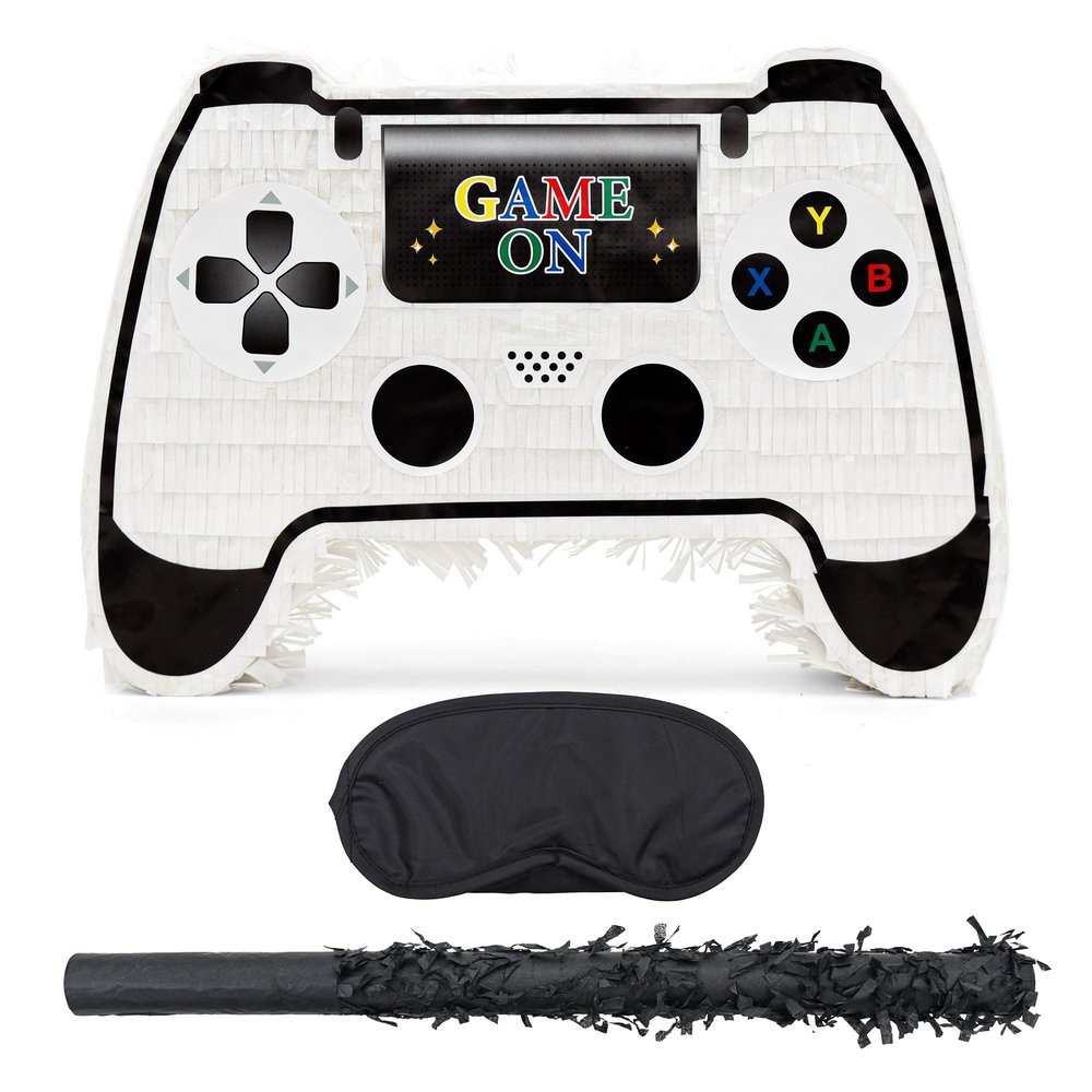 Birchio White Game Controller Pinatas Bundle with a Blindfold and a Bat(16.5 x 12 x 3.5 Inches), Perfect for kid's Birthday Parties, Mexican Theme Parties, Decorations