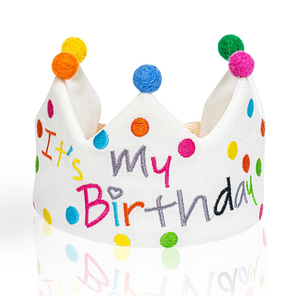 It Is My Birthday Hand Embroidered Crown Hat Made 100% Natural Fiber Linen, Reusable Birthday Party hat with Wool Balls, Adjustable Crown Hat for Rainbow Party for Men Women Boys Girls,Fit All Ages