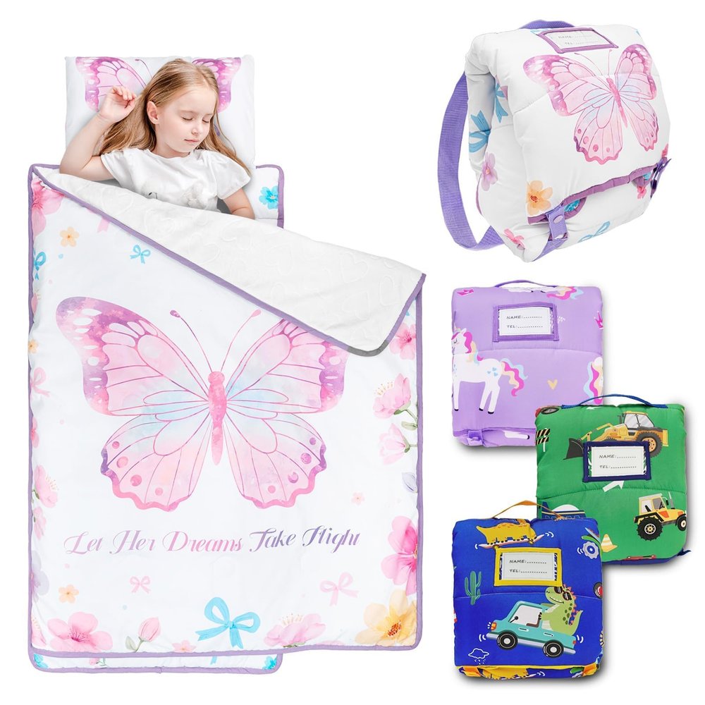 Primlect Toddler Nap Mat with Removable Pillow and Flannel Blanket, Portable Sleep Bag for Kids, Easy to Roll up, Washable, Perfect for Daycare, Preschool, Girls, 3-6 Years (Butterfly)