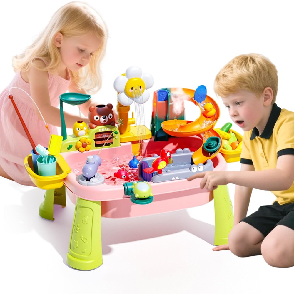 OLHKYN 2026 Upgraded Toddler Sand Water Table Toy with Electric Water Pump, Kids Sand Water with Faucet/Play Food Accessories/Fishing Toy, Kitchen Play Sink Toys for Girl Boy Age 3+
