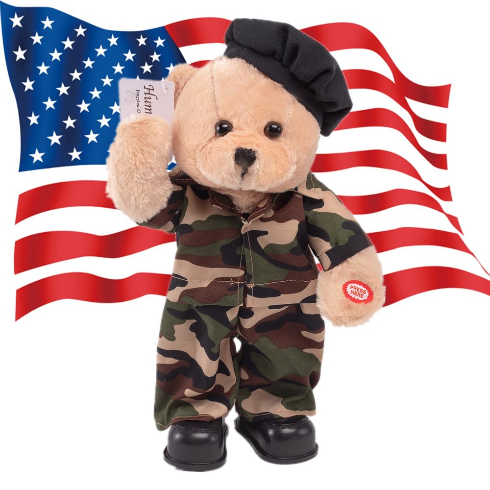 Humor Ted Military Hero Valentines Teddy Bear Stuffed Animals Singing Dancing Teddy Bear Stuffed Animal, US Army Theme Music Plush Toys,Independence Day Birthday Gifts for Kids .14"(Camouflage Army)