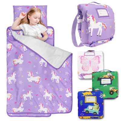 Primlect Toddler Nap Mat with Removable Pillow and Flannel Blanket, Portable Sleep Bag for Kids, Easy to Roll up, Washable, Perfect for Daycare, Preschool, Girls, 3-6 Years (Purple)