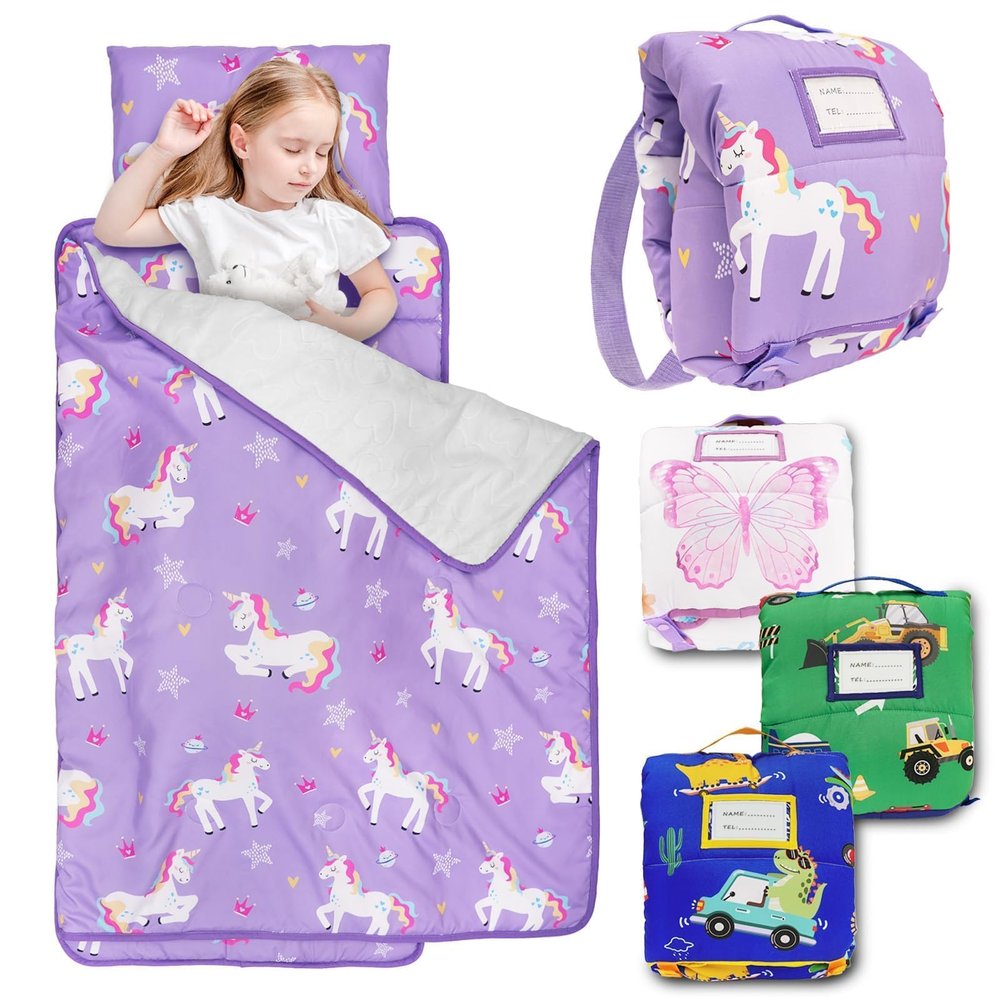 Primlect Toddler Nap Mat with Removable Pillow and Flannel Blanket, Portable Sleep Bag for Kids, Easy to Roll up, Washable, Perfect for Daycare, Preschool, Girls, 3-6 Years (Purple)