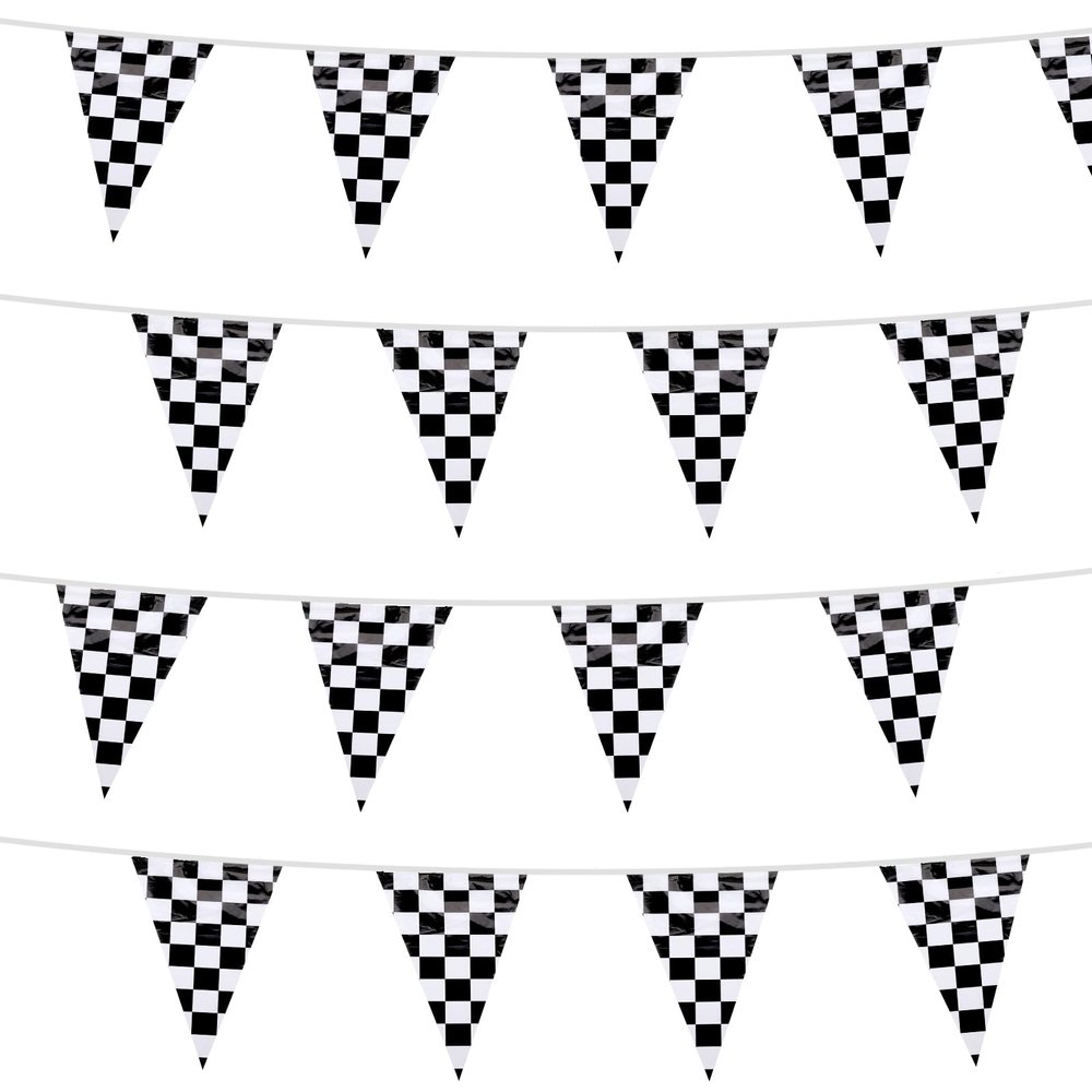 100 Ft Checkered Flag Banner, 48 Pcs Black and White Checkered Pennant Banner Flags on a String, Birthday Decorations for Nascar, Race Car, Hot Wheels, Racing Themed Party