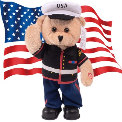 Singing Dancing Teddy Bear Stuffed Animals Children's Idol Military Hero Teddy Bear Stuffed Animal, US Army Theme Music Plush Toys,Independence Day Soldier Memorabilia Gifts for Kids 14"(Marine Bear)