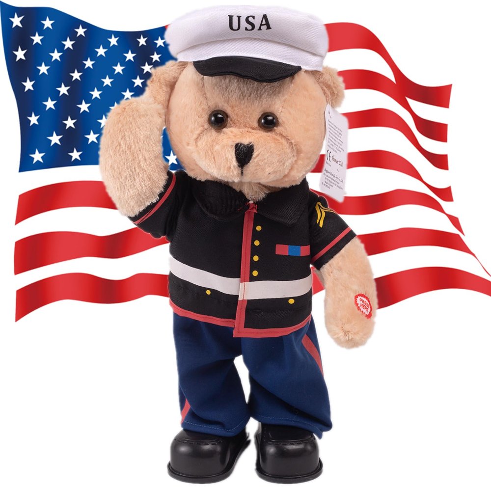 Singing Dancing Teddy Bear Stuffed Animals Children's Idol Military Hero Teddy Bear Stuffed Animal, US Army Theme Music Plush Toys,Independence Day Soldier Memorabilia Gifts for Kids 14"(Marine Bear)
