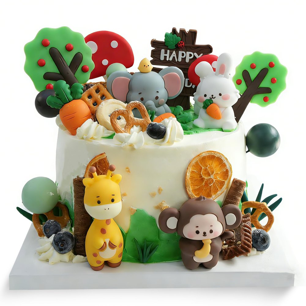 17pcs Wild One Birthday Cake Decorations - Jungle Safari Animal Cake Topper with Reusable Silicone Monkey, Giraffe, Rabbit, Elephant, Mushroom, Carrot, Trees, Happy Birthday Sign, Decorative Balls