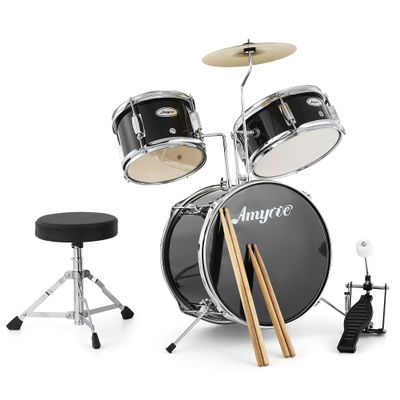 3 Piece Kids Drum Set with Cymbal, 2 Drumsticks, Pedal, 2 Tom,Beginner Junior Drum Kit with Throne Stool, Musical Instruments for Boys and Girls, Black