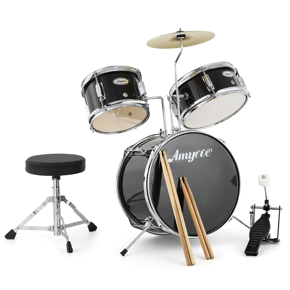 3 Piece Kids Drum Set with Cymbal, 2 Drumsticks, Pedal, 2 Tom,Beginner Junior Drum Kit with Throne Stool, Musical Instruments for Boys and Girls, Black