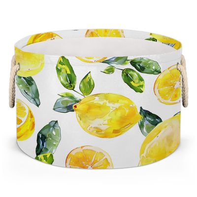 Large Collapsible Blanket Storage Basket for Gifts Empty, Watercolor Lemon Round Fabric Laundry Hamper Basket, Baby Dog Toy Bins with Handle, Closet Organizer for Living Room(D-908)