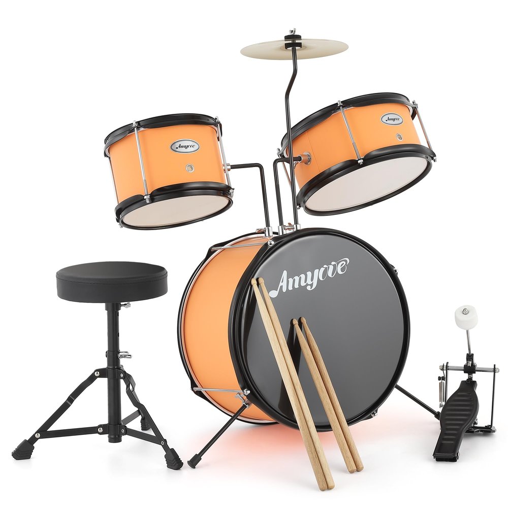 3 Piece Kids Drum Set with Cymbal, 2 Drumsticks, Pedal, 2 Tom,Beginner Junior Drum Kit with Throne Stool, Musical Instruments for Boys and Girls, Yellow