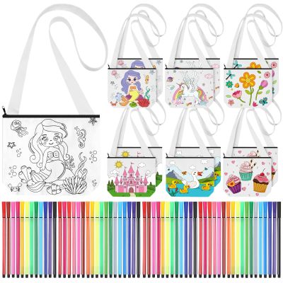 Aliceset 12 Sets Coloring DIY Bags with 60 Colored Markers Coloring Crossbody Bags Reusable Canvas Pouch DIY Painting Art Crafts Birthday Party Supplies