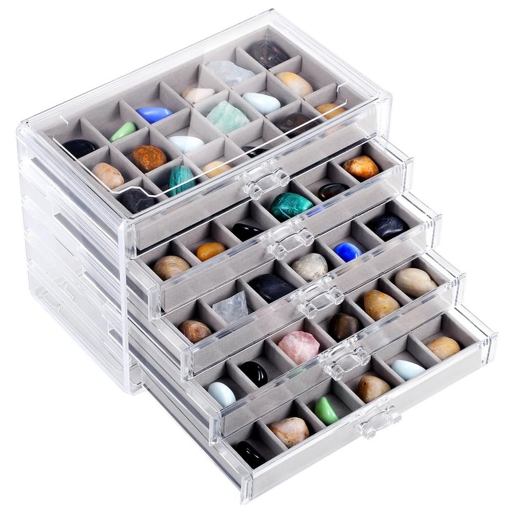5-Drawer Rock Display Case With 90 Compartments, Clear Acrylic Organizer Box For Fossils, Gemstones, Jewelry, Removable Velvet Inserts For Safe Storage