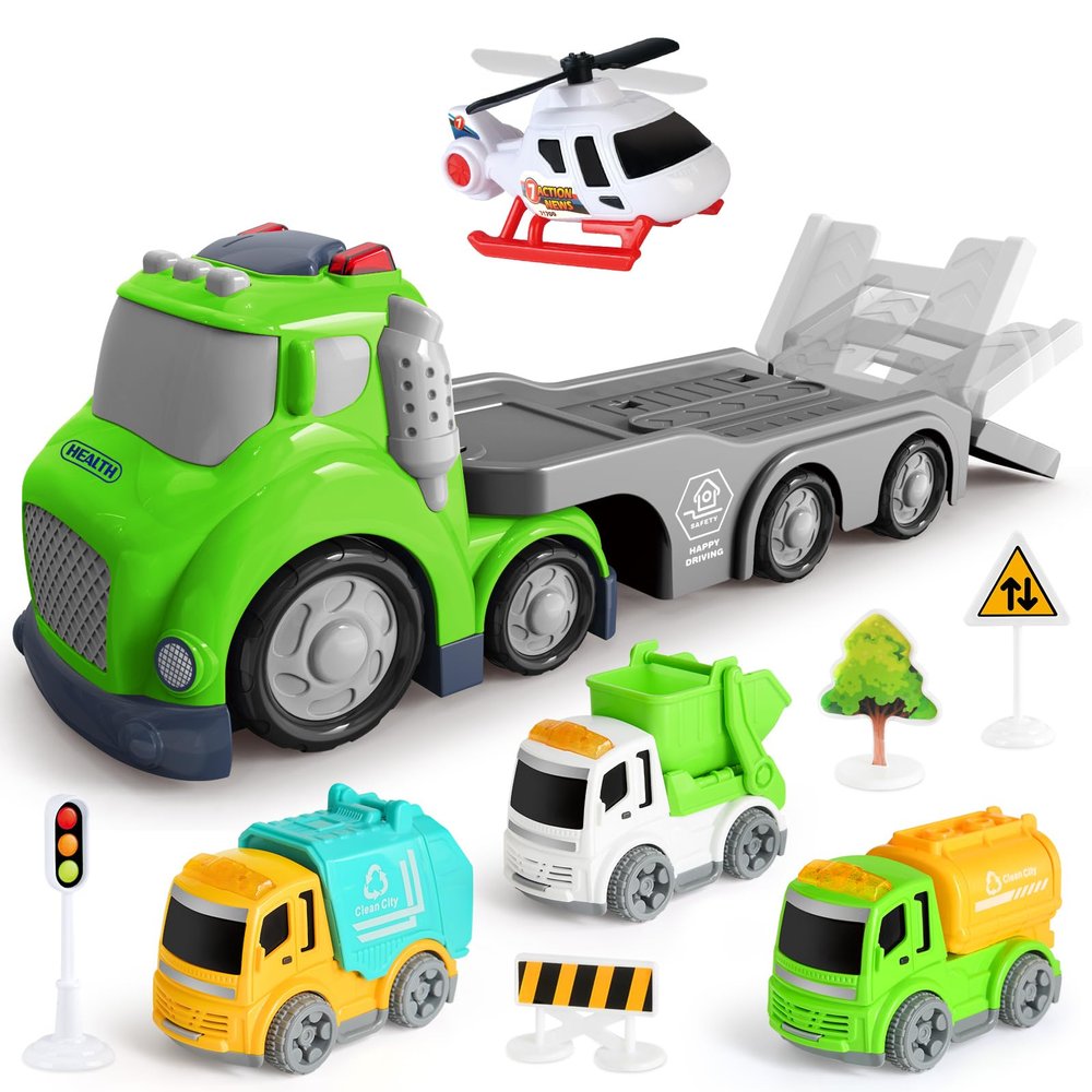 IJIGU Truck Toys for Toddler 1, 2, 3, 4 Year Old Boy, City Sanitation Transport Trucks Toy Set, Ideal Christmas Birthday Gifts for Kids.