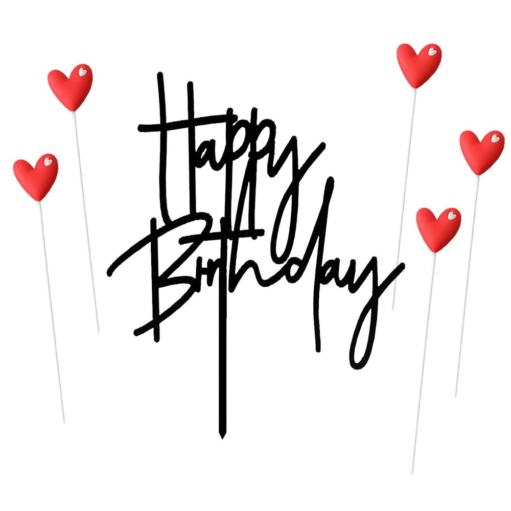 ZHENGYE Set of 1 Black Happy Birthday Cake Topper Sign And 5 Red Heart-shape Cake Toppers Baby Shower Birthday Party Cake Decorations(Black 25)