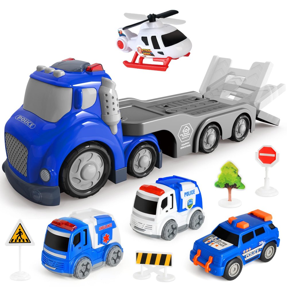 IJIGU Truck Toys for Toddler 1, 2, 3, 4 Year Old Boy, City Police Transport Trucks Toy Set, Ideal Christmas Birthday Gifts for Kids.