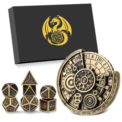 7-in-1 Gear Fingertip Gyro + 7pcs Polyhedral Metal DND Dice Set, Metal Dice Set, DND Starter Set, D&D Gifts with Dragon Logo Gift Box, Tabletop Games, Role Playing Board Game Accessories, Bronze