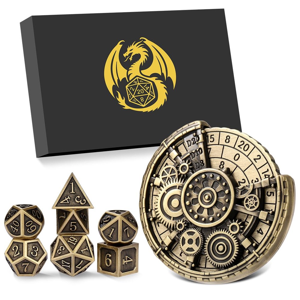 7-in-1 Gear Fingertip Gyro + 7pcs Polyhedral Metal DND Dice Set, Metal Dice Set, DND Starter Set, D&D Gifts with Dragon Logo Gift Box, Tabletop Games, Role Playing Board Game Accessories, Bronze