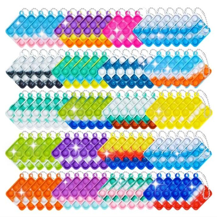 100 Pack Mini Pop Keychain Fidget Toys Square Sensory Stress Relief Toy Bulk for Kids & Adults | Party Favors, Goodie Bag Stuffers, Classroom Prizes, Birthday