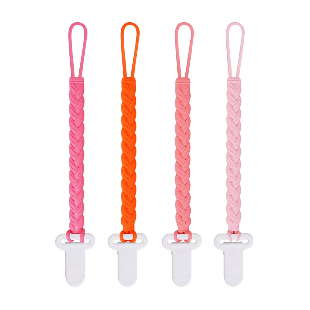 4 Pcs Pink Baby Silicone Teething Pacifier Clip,One-Piece Design,Woven Shape,BPA Free.