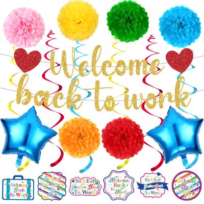 15pcs Welcome Back to Work Decorations for Office Colorful So Glad You're Back To Work Banner Hanging Swirls Balloons Pompoms for Office Work Anniversary Decor for Home, Office Party Supplies