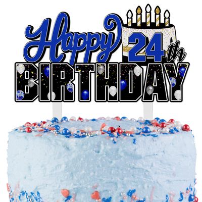 LINGTEER Happy 24th Birthday Blue Acrylic Cake Topper,Blue Theme Birthday Cheers to 24 Years Old Party Cake Decorations Gift Sign.